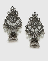 Designer Oxidized Silver-Plated Paachi Kundan Pearl Earrings