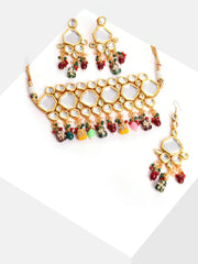 Gold Plated Designer Kundan Necklace, Earrings and Maang Tikka Set