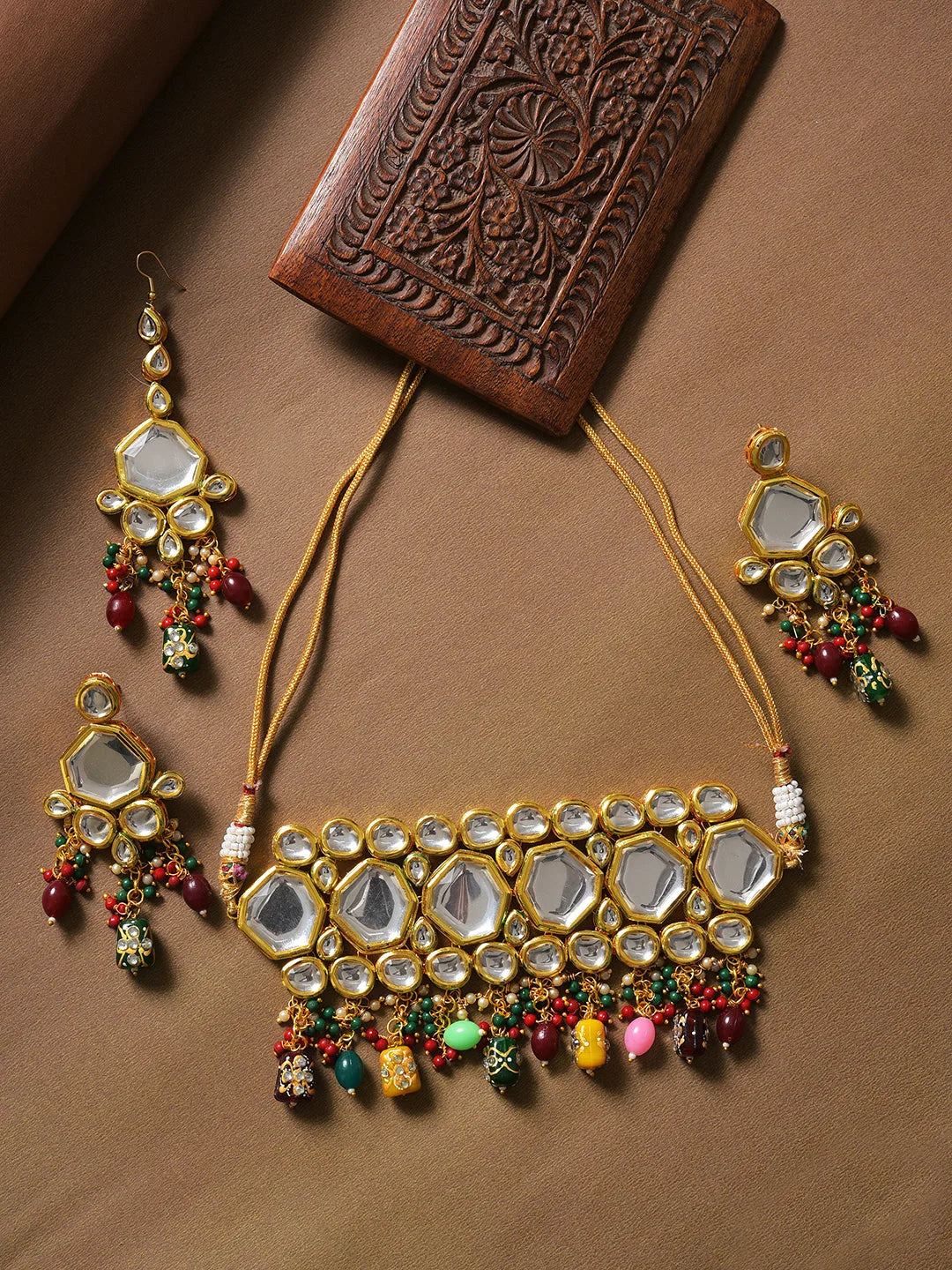 Gold Plated Designer Kundan Necklace, Earrings and Maang Tikka Set