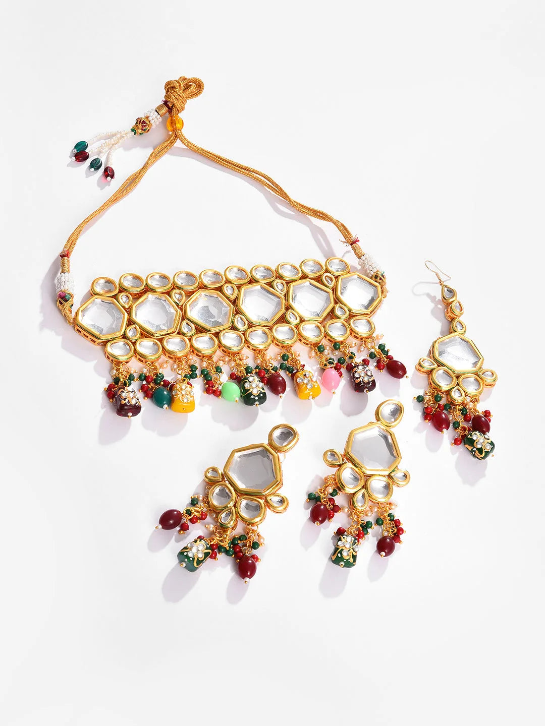 Gold Plated Designer Kundan Necklace, Earrings and Maang Tikka Set