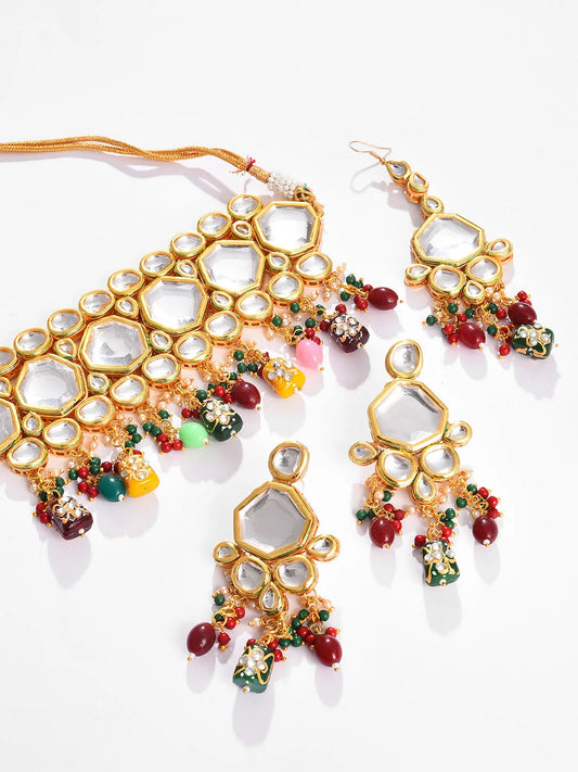 Gold Plated Designer Kundan Necklace, Earrings and Maang Tikka Set