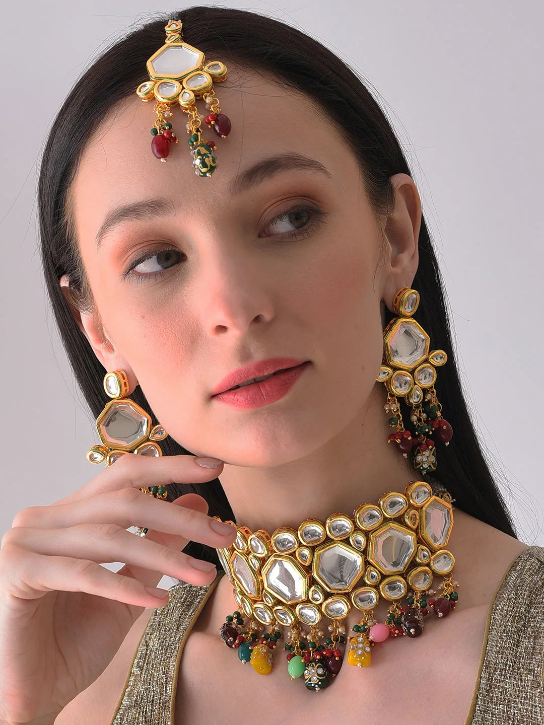 Gold Plated Designer Kundan Necklace, Earrings and Maang Tikka Set