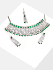 Silver Plated Designer Stone Necklace, Earrings and Maang Tikka Set