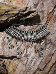 Silver Plated Designer Stone Necklace, Earrings and Maang Tikka Set