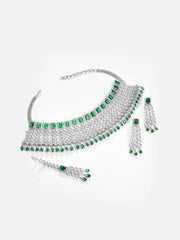 Silver Plated Designer Stone Necklace, Earrings and Maang Tikka Set