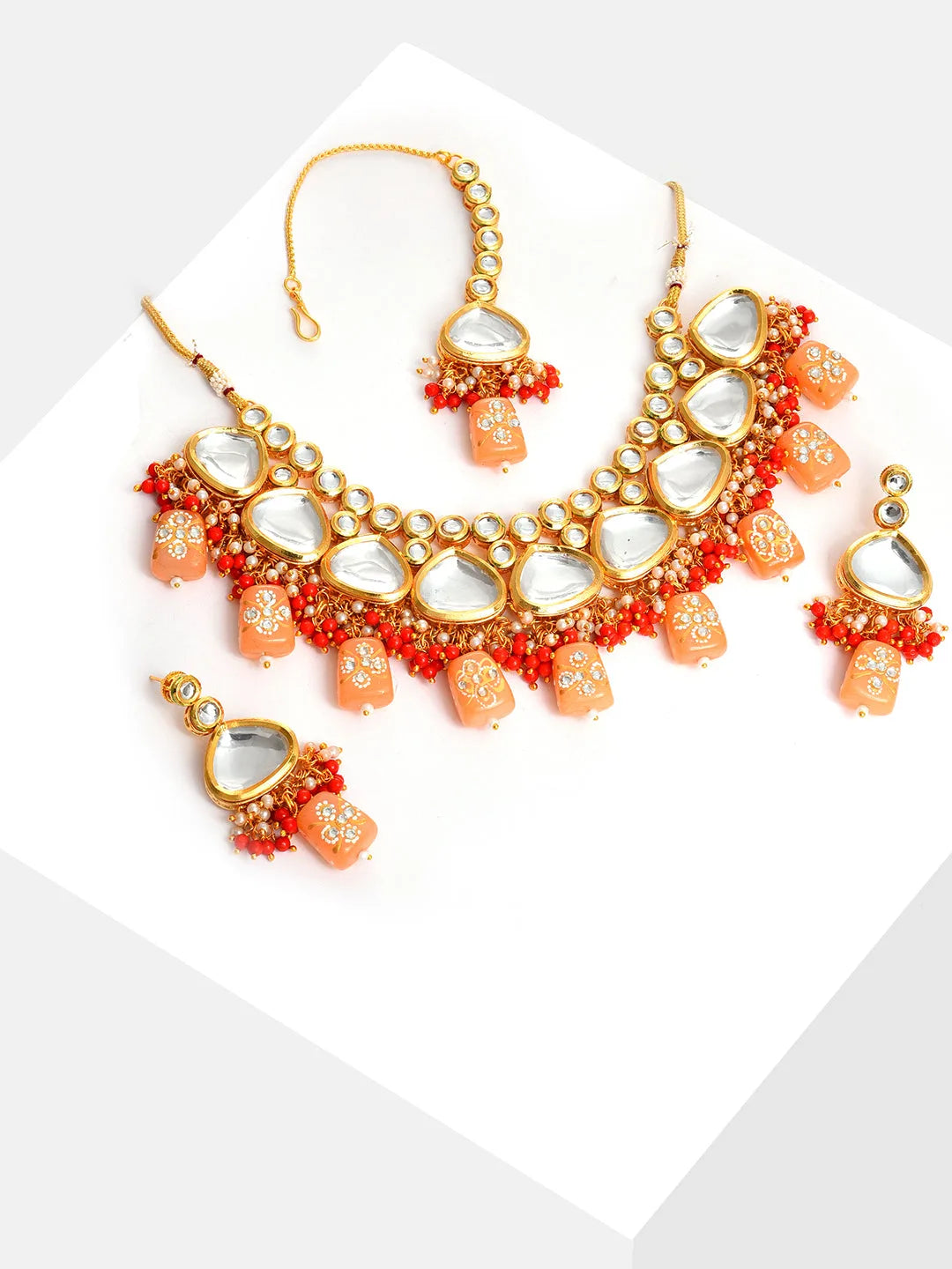 Gold Plated Kundan Beaded Necklace, Earrings and Maang Tikka Set