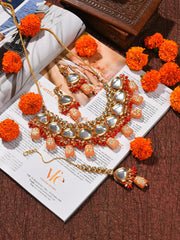 Gold Plated Kundan Beaded Necklace, Earrings and Maang Tikka Set