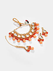 Gold Plated Kundan Beaded Necklace, Earrings and Maang Tikka Set