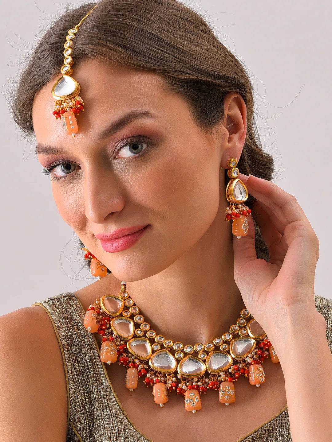 Gold Plated Kundan Beaded Necklace, Earrings and Maang Tikka Set