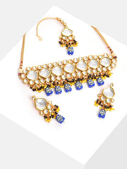 Gold Plated Kundan Beaded Necklace, Earrings and Maang Tikka Set