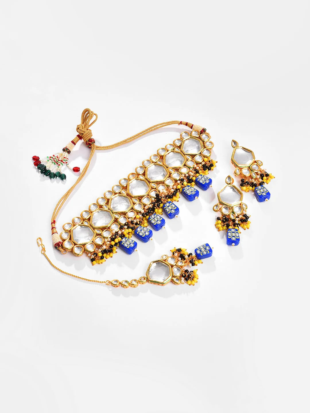 Gold Plated Kundan Beaded Necklace, Earrings and Maang Tikka Set