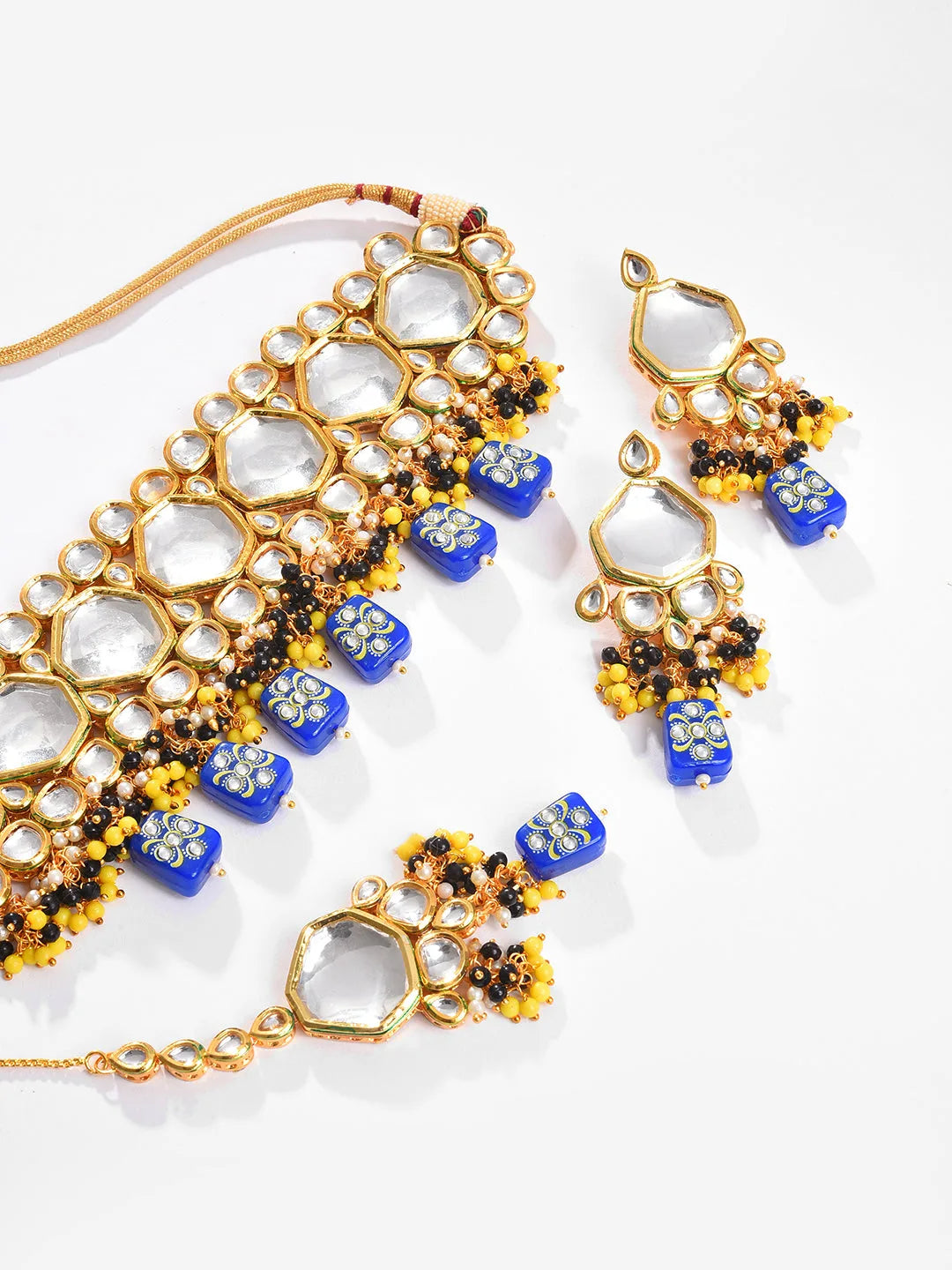 Gold Plated Kundan Beaded Necklace, Earrings and Maang Tikka Set