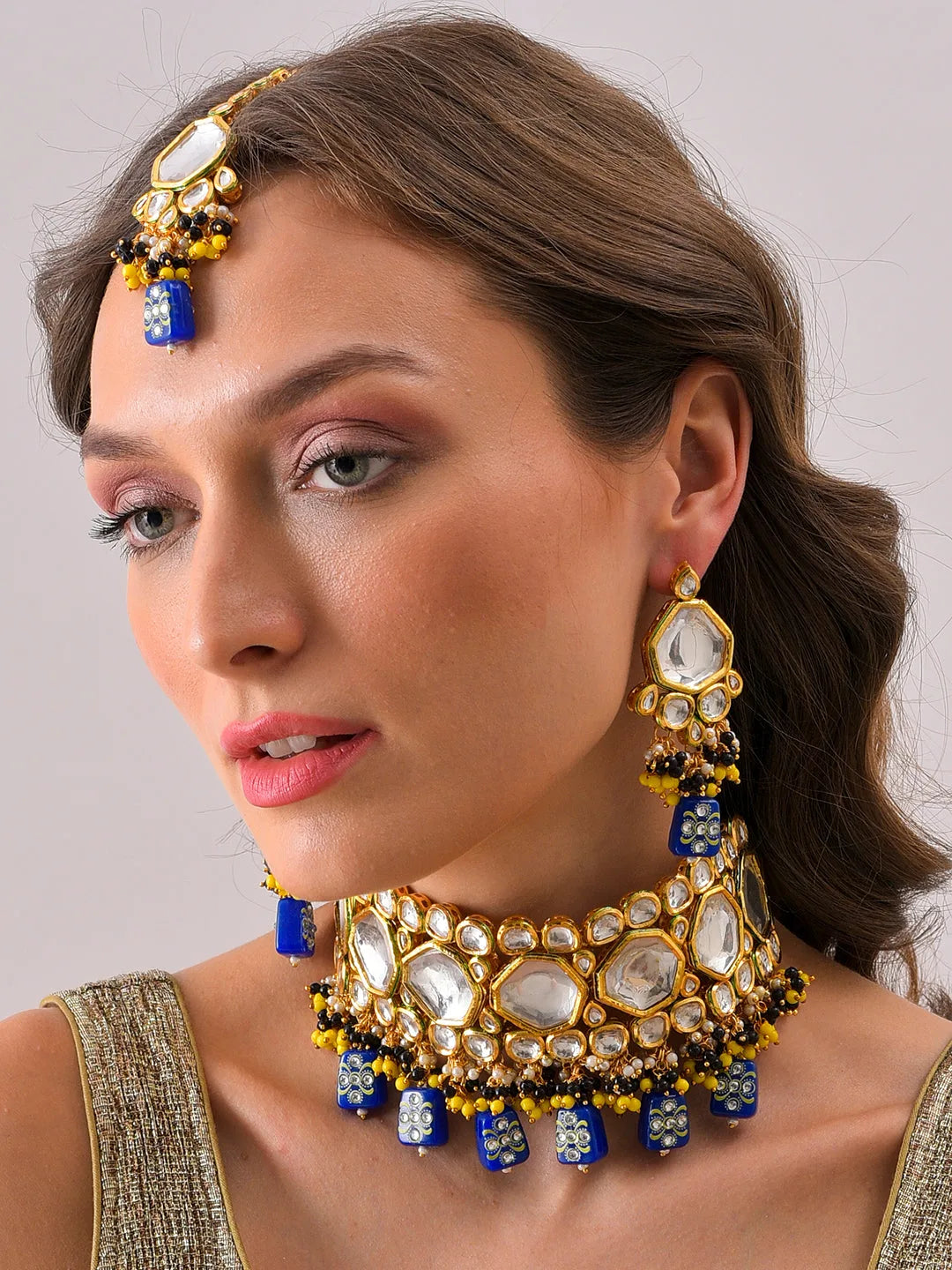 Gold Plated Kundan Beaded Necklace, Earrings and Maang Tikka Set