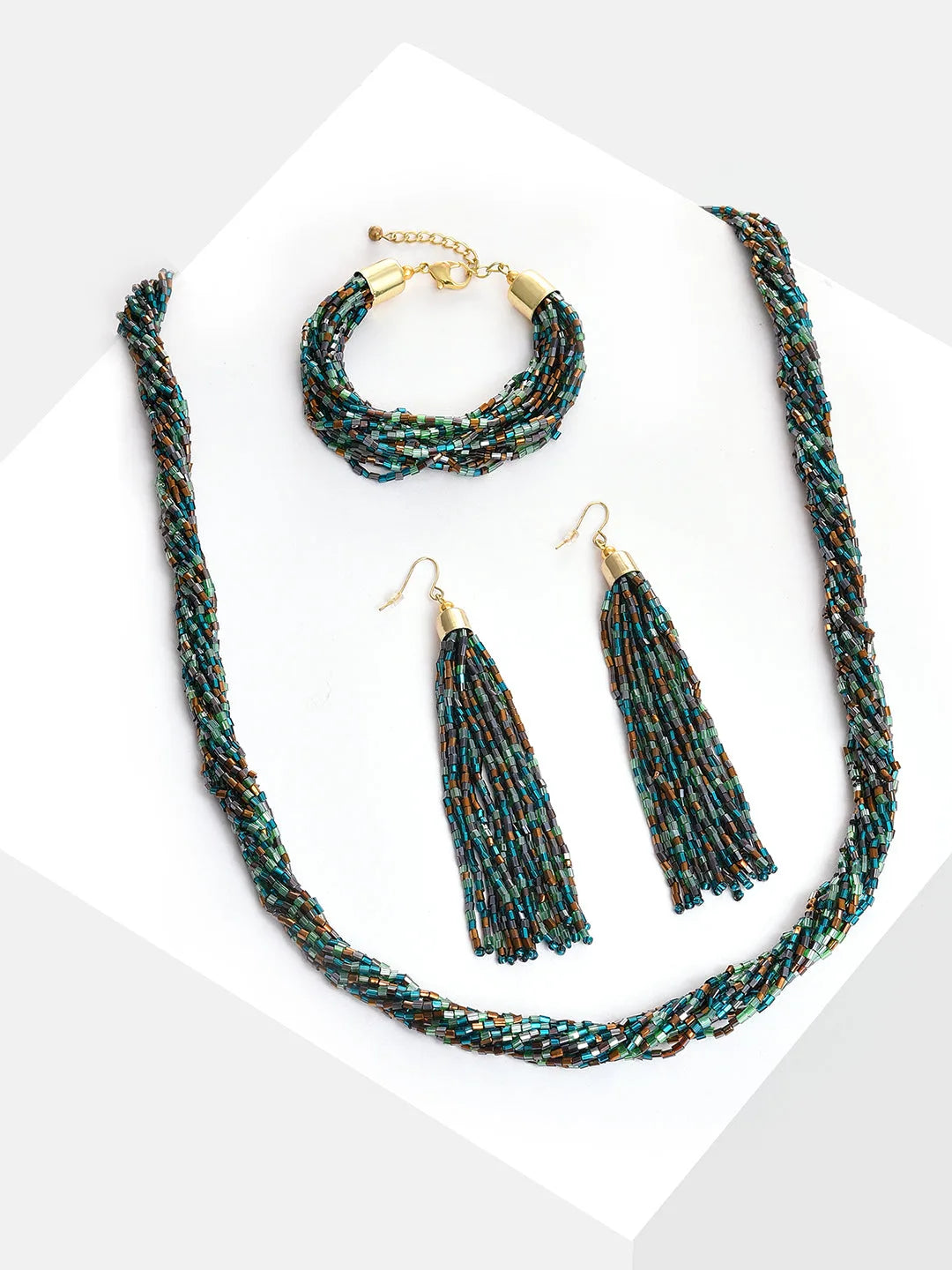 Gold Plated Beaded Necklace, Earrings and Bracelet Set