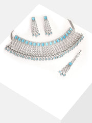 Silver Plated Designer Stone Necklace, Earrings and Maang Tikka Set