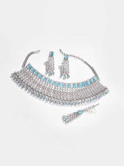 Silver Plated Designer Stone Necklace, Earrings and Maang Tikka Set