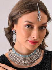 Silver Plated Designer Stone Necklace, Earrings and Maang Tikka Set