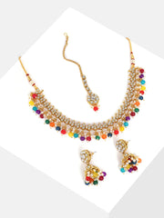 Gold Plated Designer Stone Beaded Necklace, Earrings and Maang Tikka Set