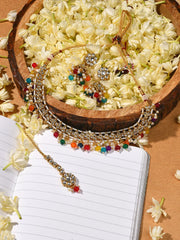 Gold Plated Designer Stone Beaded Necklace, Earrings and Maang Tikka Set