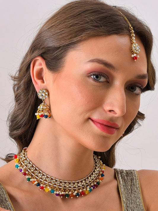 Gold Plated Designer Stone Beaded Necklace, Earrings and Maang Tikka Set