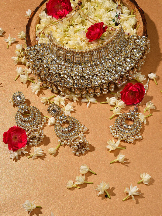 Gold Plated Designer Stone Beaded Necklace, Earrings and Maang Tikka Set