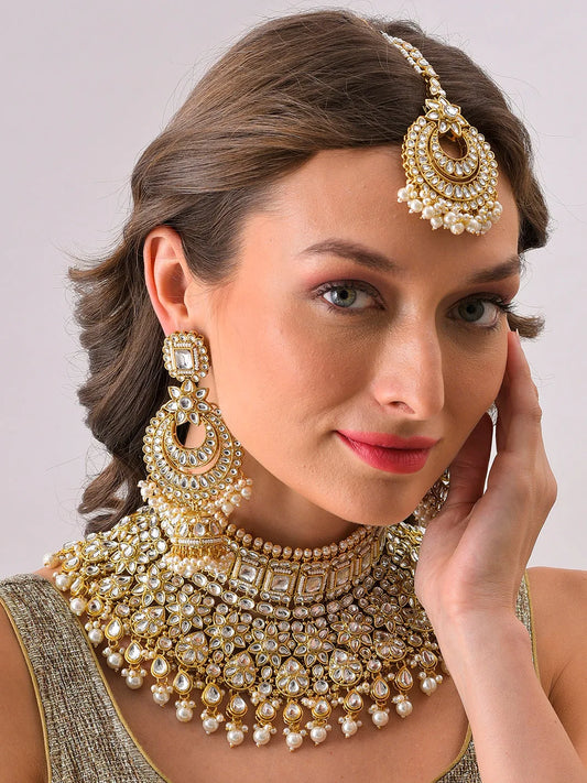 Gold Plated Designer Stone Beaded Necklace, Earrings and Maang Tikka Set