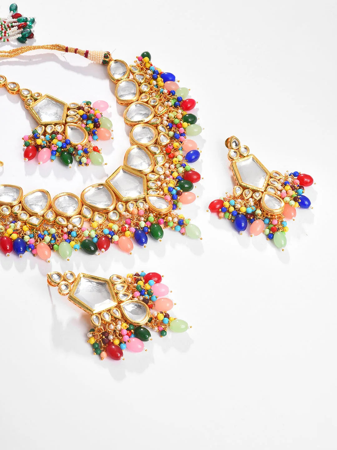 Gold Plated Kundan Beaded Necklace, Earrings and Maang Tikka Set