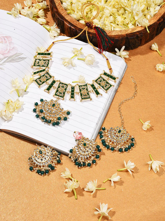 Gold Plated Designer Stone Beaded Necklace, Earrings and Maang Tikka Set