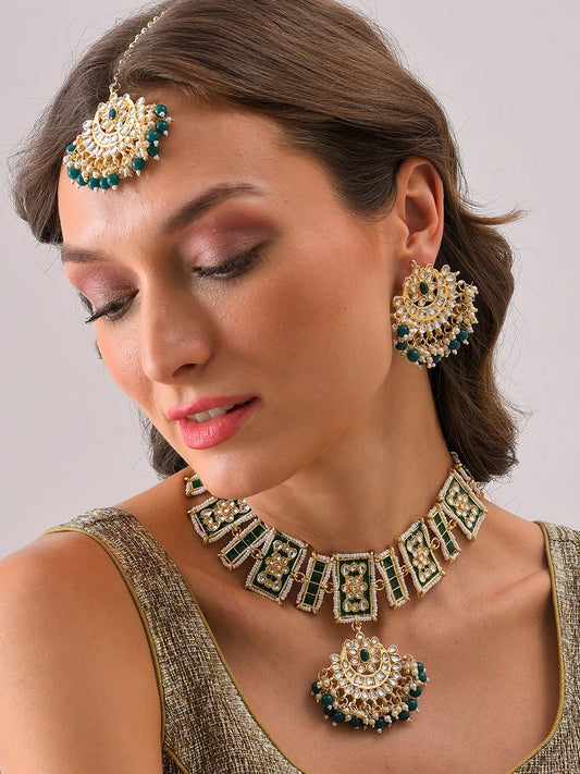 Gold Plated Designer Stone Beaded Necklace, Earrings and Maang Tikka Set