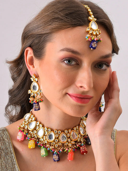 Gold Plated Kundan Beaded Necklace, Earrings and Maang Tikka Set