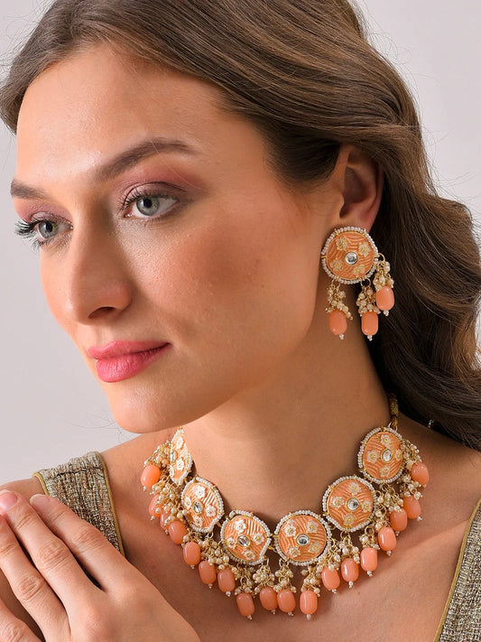 Gold Plated Designer Stone Beaded Necklace and Earring Set