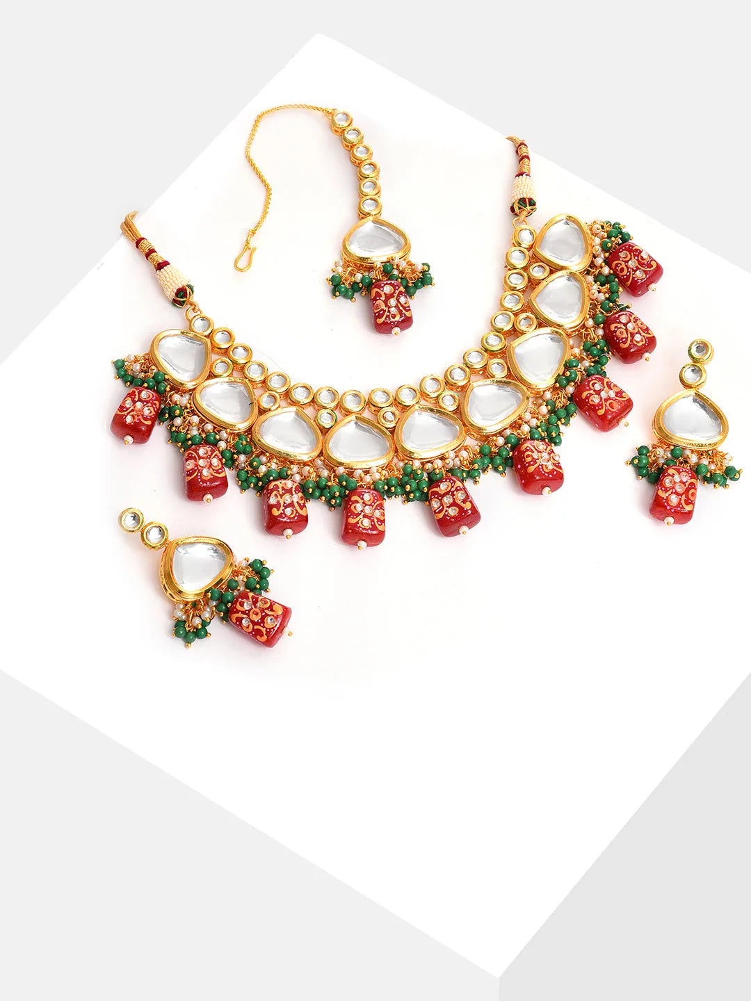 Gold Plated Kundan Beaded Necklace, Earrings and Maang Tikka Set