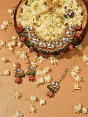 Gold Plated Kundan Beaded Necklace, Earrings and Maang Tikka Set