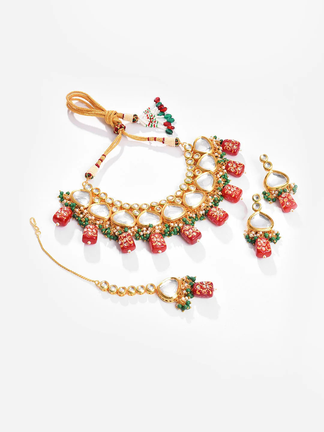 Gold Plated Kundan Beaded Necklace, Earrings and Maang Tikka Set