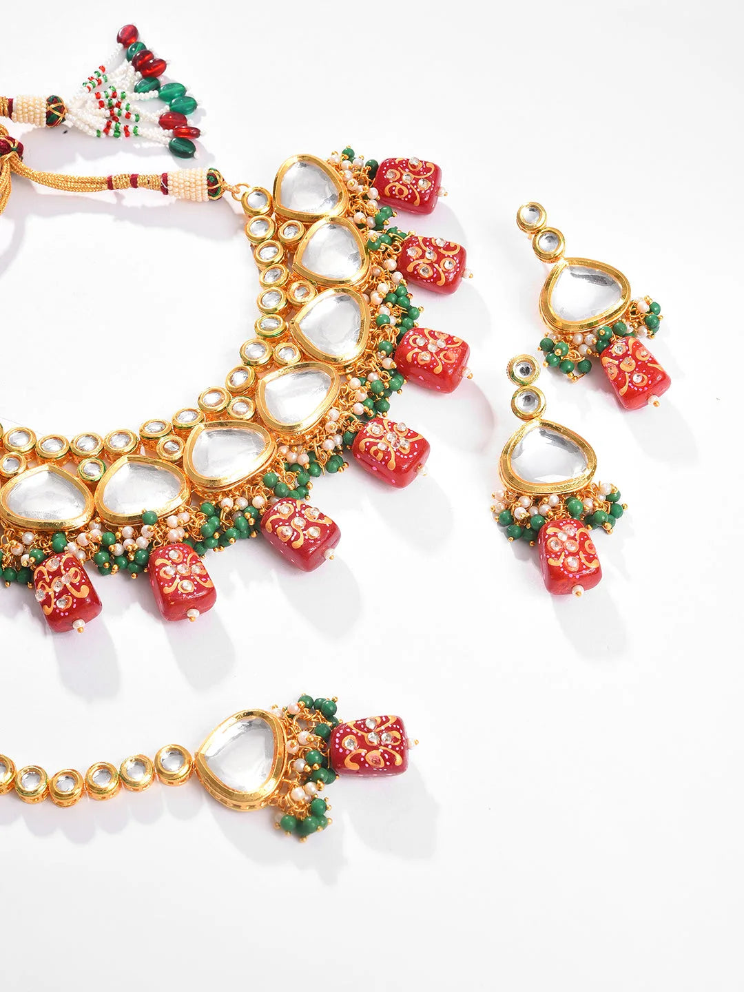 Gold Plated Kundan Beaded Necklace, Earrings and Maang Tikka Set