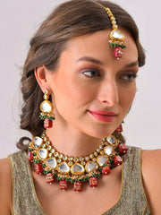 Gold Plated Kundan Beaded Necklace, Earrings and Maang Tikka Set