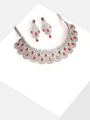 Silver Plated Designer Stone Necklace and Earring Set