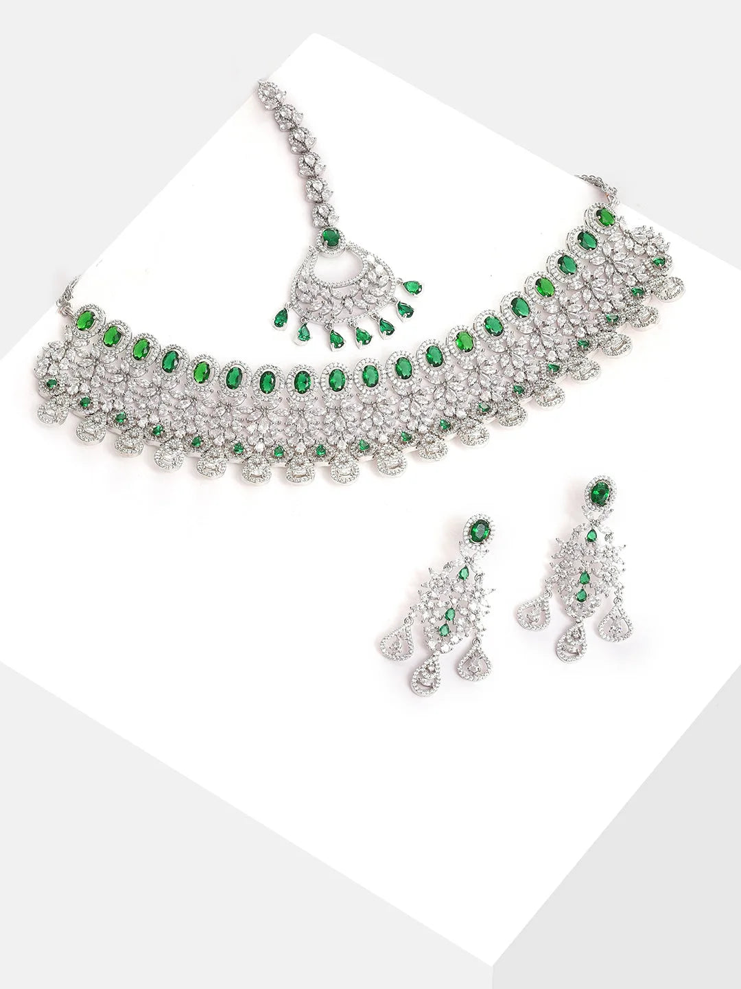 Silver Plated Designer Stone Necklace, Earrings and Maang Tikka Set