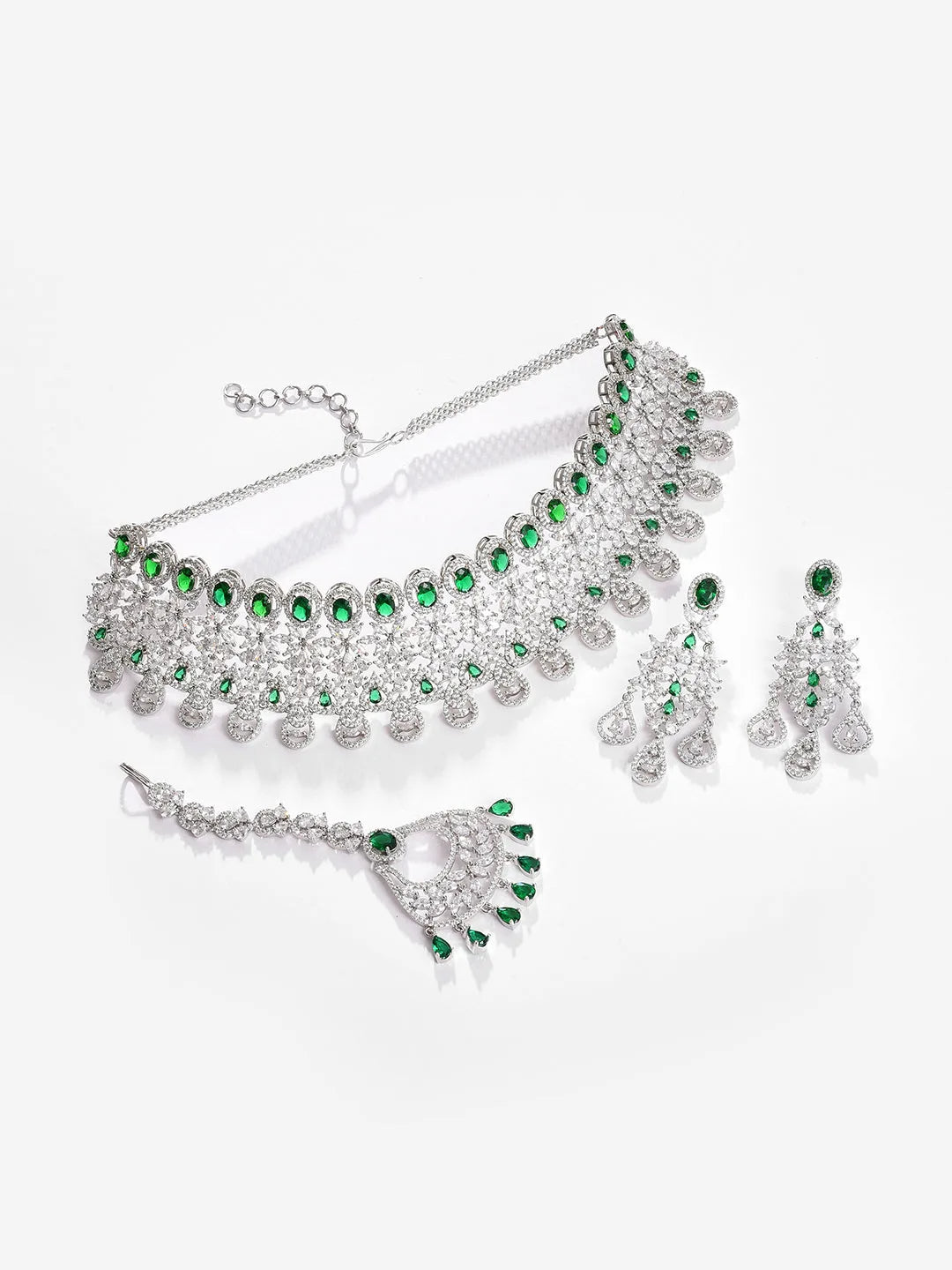 Silver Plated Designer Stone Necklace, Earrings and Maang Tikka Set