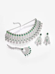 Silver Plated Designer Stone Necklace, Earrings and Maang Tikka Set