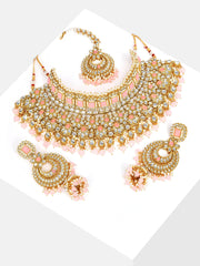 Gold Plated Designer Stone Beaded Necklace, Earrings and Maang Tikka Set