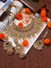 Gold Plated Designer Stone Beaded Necklace, Earrings and Maang Tikka Set