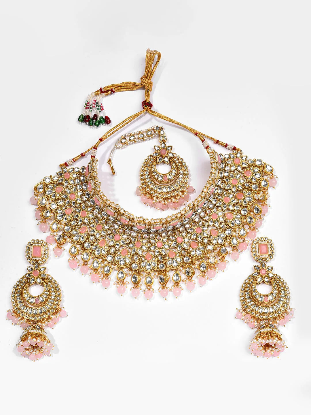 Gold Plated Designer Stone Beaded Necklace, Earrings and Maang Tikka Set