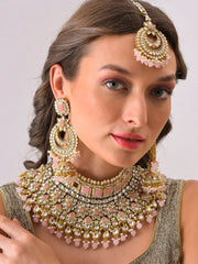 Gold Plated Designer Stone Beaded Necklace, Earrings and Maang Tikka Set