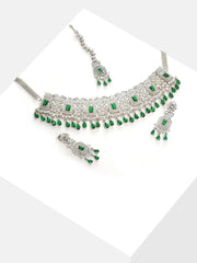 Silver Plated Designer Stone Necklace, Earrings and Maang Tikka Set Jewellery Set