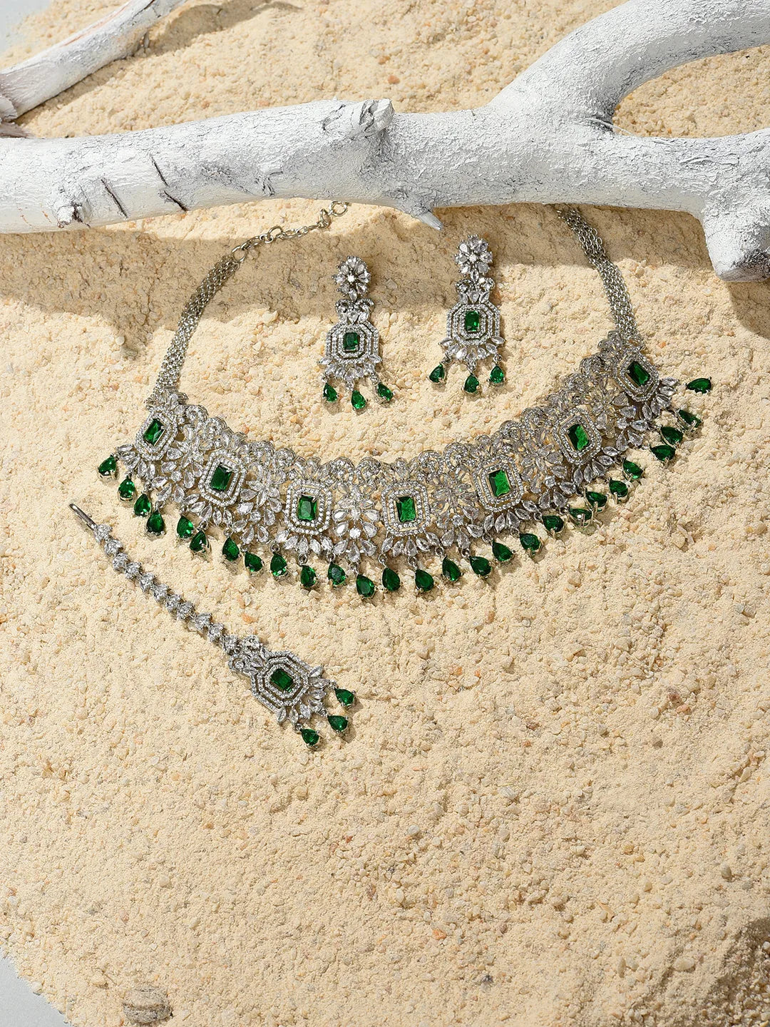 Silver Plated Designer Stone Necklace, Earrings and Maang Tikka Set Jewellery Set