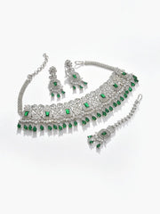 Silver Plated Designer Stone Necklace, Earrings and Maang Tikka Set Jewellery Set