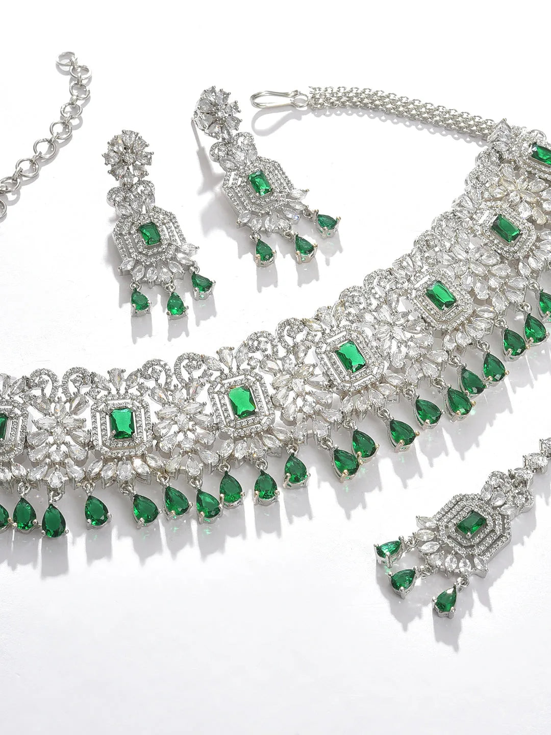 Silver Plated Designer Stone Necklace, Earrings and Maang Tikka Set Jewellery Set