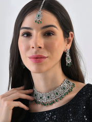 Silver Plated Designer Stone Necklace, Earrings and Maang Tikka Set Jewellery Set