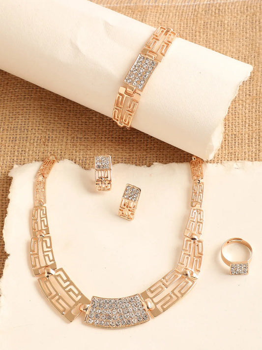 Gold Plated Designer Stone Necklace, Earring, Ring and Bracelet Set